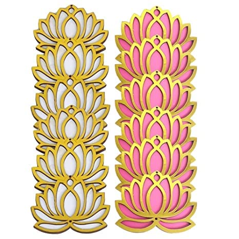 Sanvatsar Home White Golden Lotus 4 Inch Set of 12 Wooden Cutout DIY Rangoli Kit | Decorations for Diwali, Dusshera Wedding Rangoli, Pooja, Decorations, Festival Gift (White & Pink)