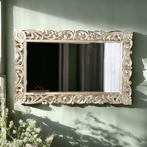 AESTHETIC DECOR Wooden(4x2.5) ft Carved Wall Mirror Frame Solid Mango Wood, | with Out Mirror (White Distress)