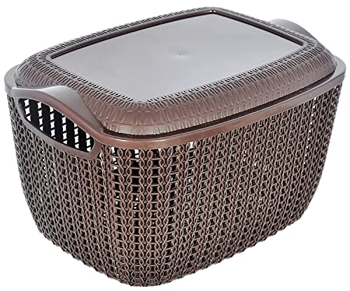 Kuber Industries Multiuses Large & Small M 30-25 Plastic Basket/Organizer With Lid- Set of 2 (Brown)