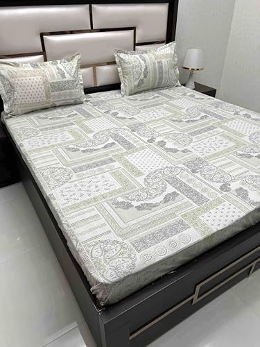 Pure Decor 100% Pure Cotton Velar Collection Super King Size Twill Fabric Bedsheet for Double Bed (108"X120") with 2 Pillow Covers PD 4397 - Ethnic, Green