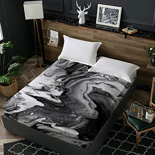 BlessLiving Abstract Marble Fitted Sheet, Wrinkle, Fade, Stain Resistant Deep Pocket Bed Sheet, Grunge Black White Marbled Pattern,Ultra-Soft Wrinkle Resistant Microfiber (California King)