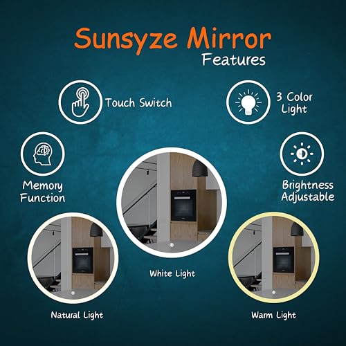 Sunsyze Round LED Bathroom Mirror with 3 Lighting Options (Warm, White, Natural White) - Stylish Illumination for Your Wash Basin(24 X24 INCH)