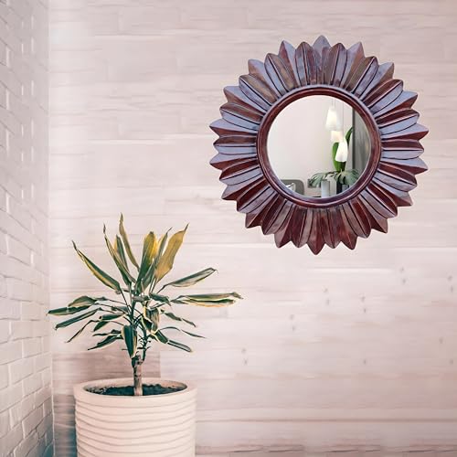 SHAN HANDICRAFTS Hand Carved Round Wooden Mirror Frame for Wall Décoration of Living Room, Bedroom, Bathroom, Hallway, Office etc. Walnut Brown Finish 22x1x22 inch