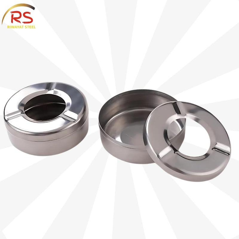 Riwayat Steel | Stainless Steel Ashtray | Ashtray with Lid | Cigarette Ash Holder Tray for Home, Office and Bar |10cm | Set of 1