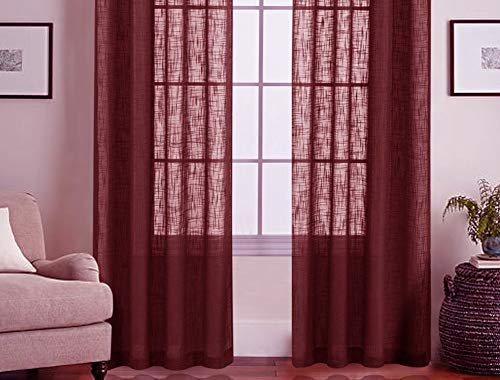 LINENWALAS Bamboo, Cotton Floral Grommet Window Eyelet Sheer Curtain, Window 4.5 X 5 Feet, Black, Maroon, Pack of 2