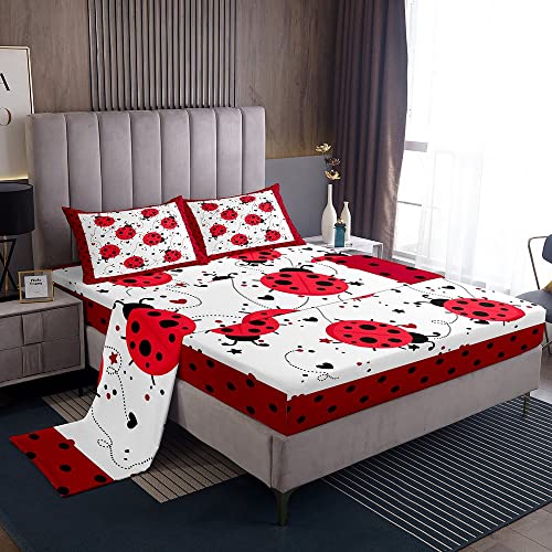 Red Ladybug Sheet Set Twin Size Cartoon Ladybugs Bed Sheets for Kids Child,Cute Ladybird Reptile Fitted Sheet Beetles Bugs Pattern Top Sheet Chic Nature Art Lady Beetle Wild Animal Room Decor