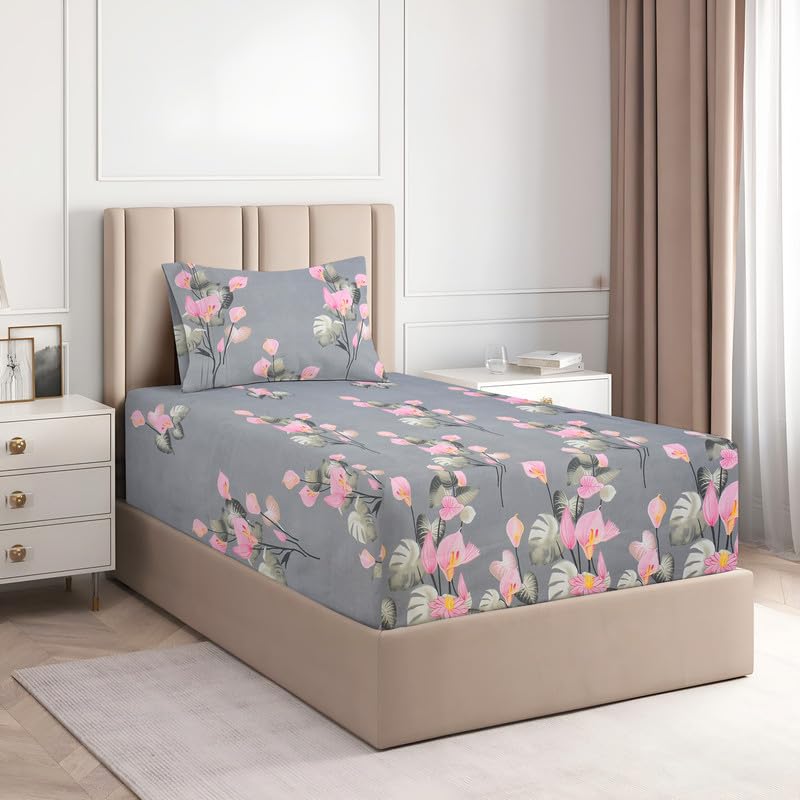 BSB HOME Glace Cotton 220Tc Flat Single Bedsheets for Summer Breathable | Wrinklefree (Size-152 X 228 Cm) with 1 Pillow Covers (Size-17 X 27 Inches, Floral Print Grey & Pink), 220 Tc