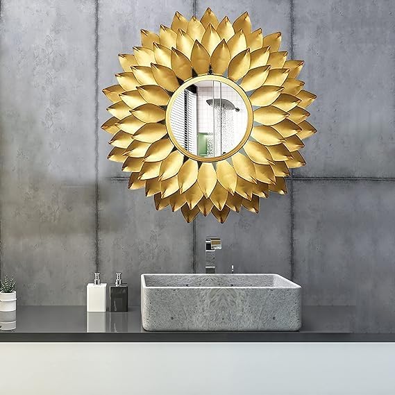 Siabak Creativo Metal Modern Design & Handmade Mirror Waterproof Durable Wall Mirror for Home Office & Bathroom (Sunflower)