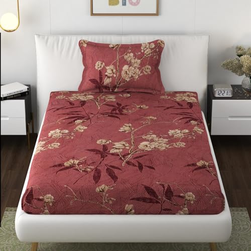 VAINE Premium Heavy Cotton Elastic Fitted Bedsheets with 1 King Size Pillow Covers || Single Bed with All Around Elastic 350 TC || 36 x 78 Inch Single Size Fitted || - Maroon Floral