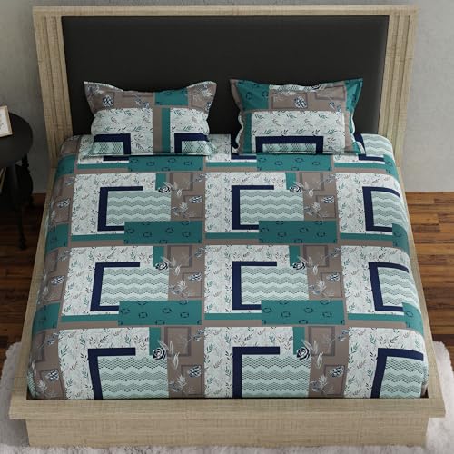 Double Fitted Bedsheet with 2 Pillow Covers Cotton Geometrical Design Blue & Grey Colour - Stella Collection