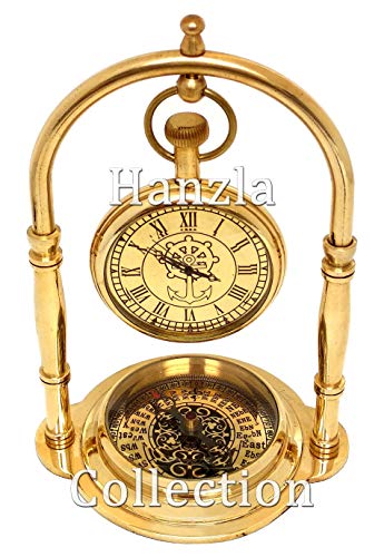 Hanzla Collection Nautical Polished Brass Desk Clock Maritime Brass Compass with Hanging Watch