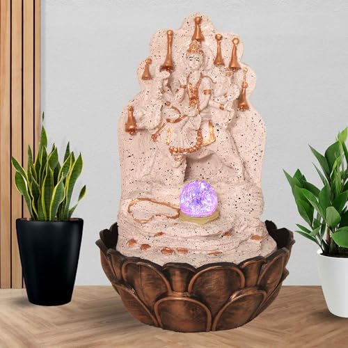 Art N Hub MATA Durga Handicraft Tabletop Indoor Outdoor Waterfall Fountain with Crystall Ball LED Light | Water Fountain for Home Vastu (27 x 27 x 40 CM | Dotted Pink Copper)