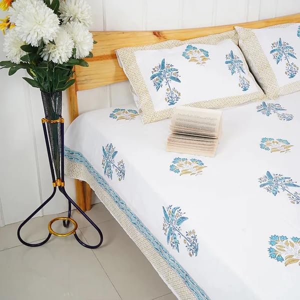 THE JAIPUR WALA Premium Hand Block Printed Pure Cotton Bedsheet-Set King Size (Palm)