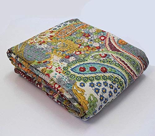 Textile Work Creations Kantha Quilt Hippie Bed-Cover Throw and Cotton Blanket Twin-Size Kantha Quilt Handmade 60 x90 inch Single Size