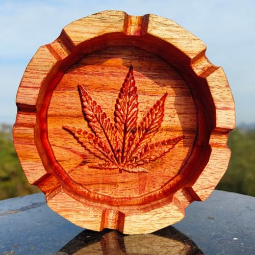 Handcrafted Wooden Ashtray with Carved Leaf Design, Standard Size,Round Shape, 8 Holders, Perfect for Gift & Home Decor - Pack of 1