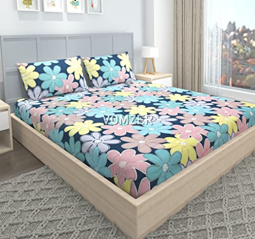 VOMZER 300 Tc Cotton Feel All Around Elastic Fitted Bedsheets King Size, Premium Elastic Fitted King Size Bed Sheet For Double Bed With 2 Pillow Covers, Size- 78" X 72" (Multi Flower)