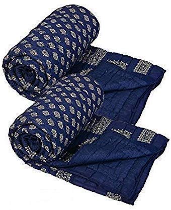 Woodsy Jaipuri Razai Rajasthani Traditional Blue Silver Gold Printed Pure Cotton Soft Light Weight Winter and Summer Rajai Ac Quilt Razai/Rajai/Quilt/Blanket/Dohar/Jaipur Blanket (Set of 2 Single Bed)