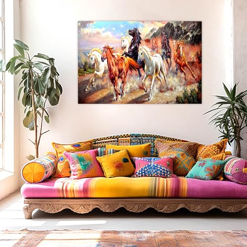 Indianara Rolled Sparkled Vastu Seven Running Horses Art Print for Room Décor Digital Reprint 36 inch x 24 inch (10257PST)