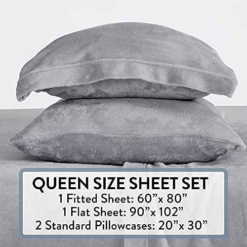 Velvet Plush Sheet and Pillowcase Set with Extra Deep Pockets | Extra Soft Micro Fleece Sheet Set | Ultra Plush and Cozy Warmth | Velvety Soft Heavyweight | Tribeca Collection (Queen, Grey)