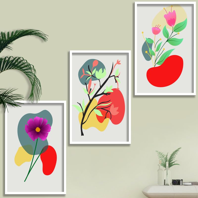 SAF paintings Set of 3 abstract flower Boho modern art design Premium white Framed Bohemian wall painting for for Wall, Home and Living Room Decoration 80 cms x 34.29 cms COMBO-2217-K3