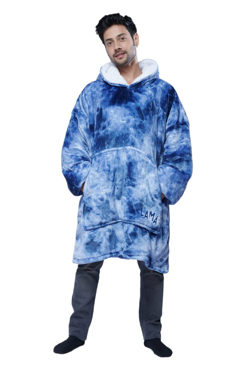 LAMA STORE Premium Sherpa Wearable Blanket Hoodie | Cozy Oversized Hooded Blanket with Large Front Pockets for Women & Men | Tie Dye Blue