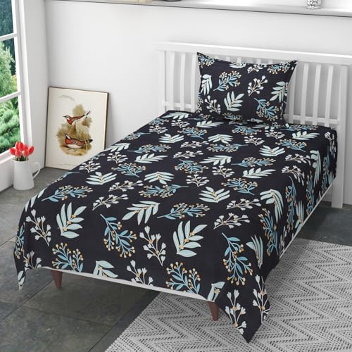 Aaho Decor Glace Cotton Floral Print Elastic Fitted Bedsheet, 183 x 198 x 20 cm (Blck-Aqa-lef)