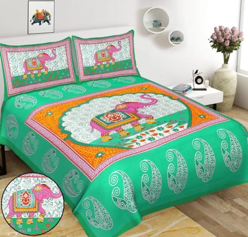 SOMYA Green-Elephant-Jaipuri-Bedsheet190 TC Cotton Double Printed Flat Bedsheet (Pack of 1, Multicolor) SOMYA GEMS