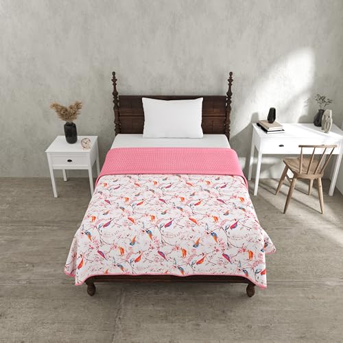 BED-SHEET.COM 150 GSM 100% Mulmul Parakeets Single Bed Reversible Blanket/Duvet/Quilt/AC Dohar(90" X 60"), Pink