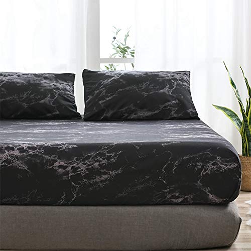 Fitted Bed Sheets, Skin-Friendly Breathable Fitted Sheet Marbled Pattern for Bed for Home(Marble-Black)