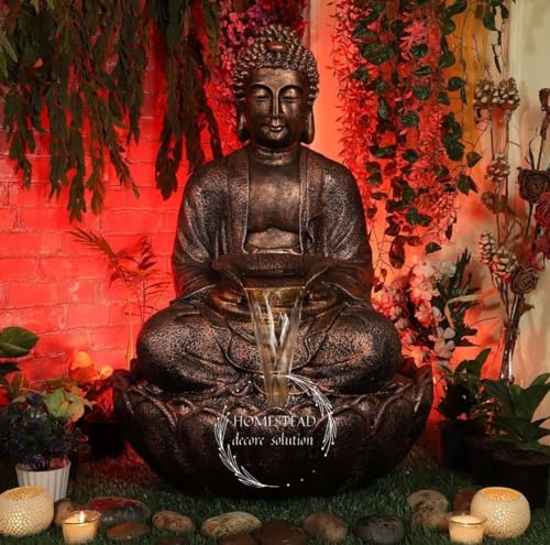 TENDENCE DECOR Garden Fountain with LED Light, Buddha Statue, Decorative Water Feature, Buddha Kamal Fountain 3 FEET | Home Decor Fountain Fiber