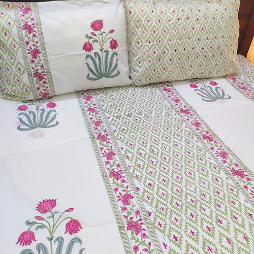 House of Harman I 350 TC 100% Pure Organic Cotton Bedsheet with 2 Matching Pillow Covers I Hand Block Printed I Natural Vegetable Dyes (Majestic Lotus Paradise Bedsheet) (Super King- 108*108 inches)