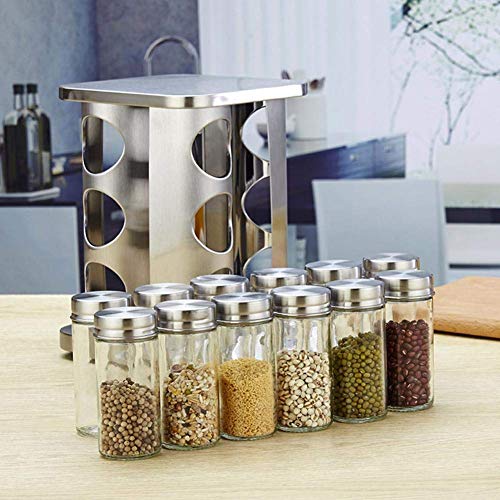 Matiko Spice Jar Rack Revolving Rotating Tiered Shelf Countertop, Spice Organizer, Seasoning Set, Spice Carousel Stainless Steel Stand Storage Holder With 12 Pcs Glass