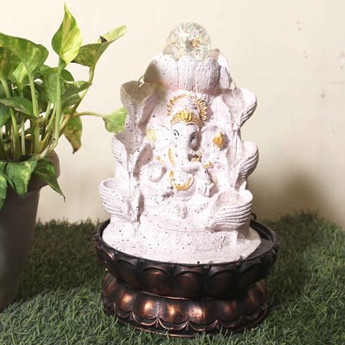 Art N Hub Lord Ganesha Tabletop Waterfall Fountain Decorative Gift Items for Home and Office with Crystall Ball LED Light | Home Inauguration Gift Items (20 x 20 x 29 CM | Dotted Pink Golden)