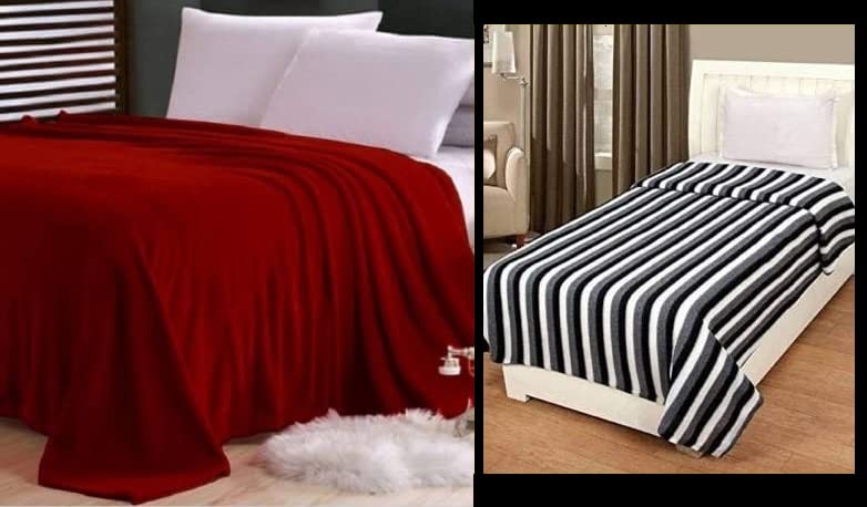 Wavva® Plain and Black and White Fleece 2 Single Bed Blankets-Red and Black and White (Set of 2)