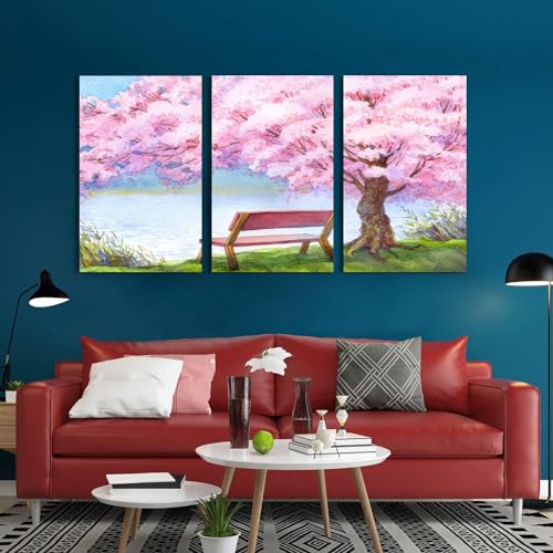 GADGETS WRAP Canvas Gallery Wrap Framed for Home Office Studio Living Room Decoration (3Part, 14x27inch Each) - Bench Under A Cherry Blossom