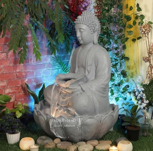 TENDENCE DECOR Garden Fountain with LED Light, Buddha Statue, Decorative Water Feature, Buddha Kamal Fountain 3 FEET | Home Decor Fountain fiber