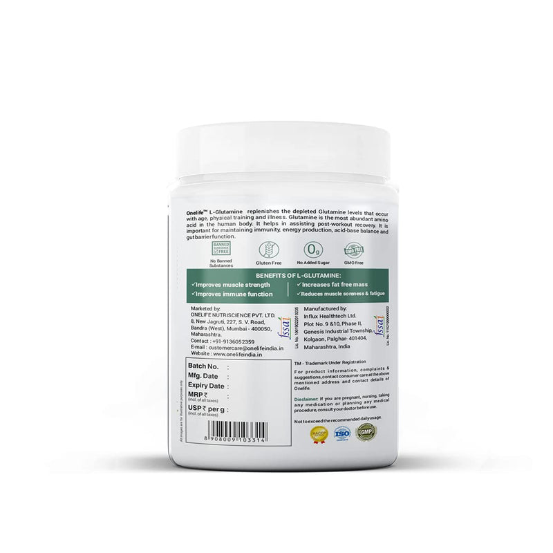 Onelife L-Glutamine Powder 5000mg Post Workout Supplement Helps to Gain Muscle, Healthy Immune, Repair Muscles and Aids Muscle Recovery Flavour Green Apple 250gm