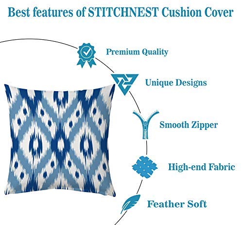 STITCHNEST Cotton Ikat Digital Printed Cushion Cover, Pack of 5 (Blue, 16x16 inches)