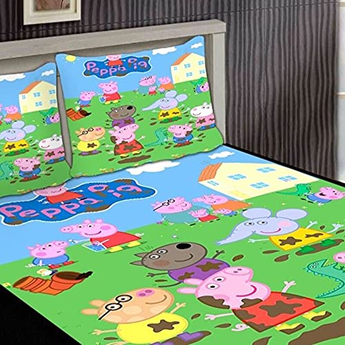 Anchals Collection Kids Cartoon Character Design Double Bed 90 X 100 inch Queen/King Size Glace Cotton Velvet bedsheet Set for Children with Two Full Size Pillow Covers