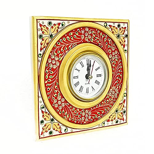 Handicraft Kingdom White Marble Table Clock with Ganesh Chowki | Ethnic Design Gold Painted Handmade Round Beautiful Meenakari Work Plate Watch| Approx Size (6 x 6 Inch) & Wt (600 Gm) Pack of 3