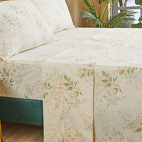 FADFAY Queen Bed Sheet Sets, Floral Leaves Bed Sheet Set Premium 100% Cotton 600 TC Green & Cream Flower Bedding Botanical Pastel Printed Soft Deep Pocket Fitted Sheet 4Pcs, Queen