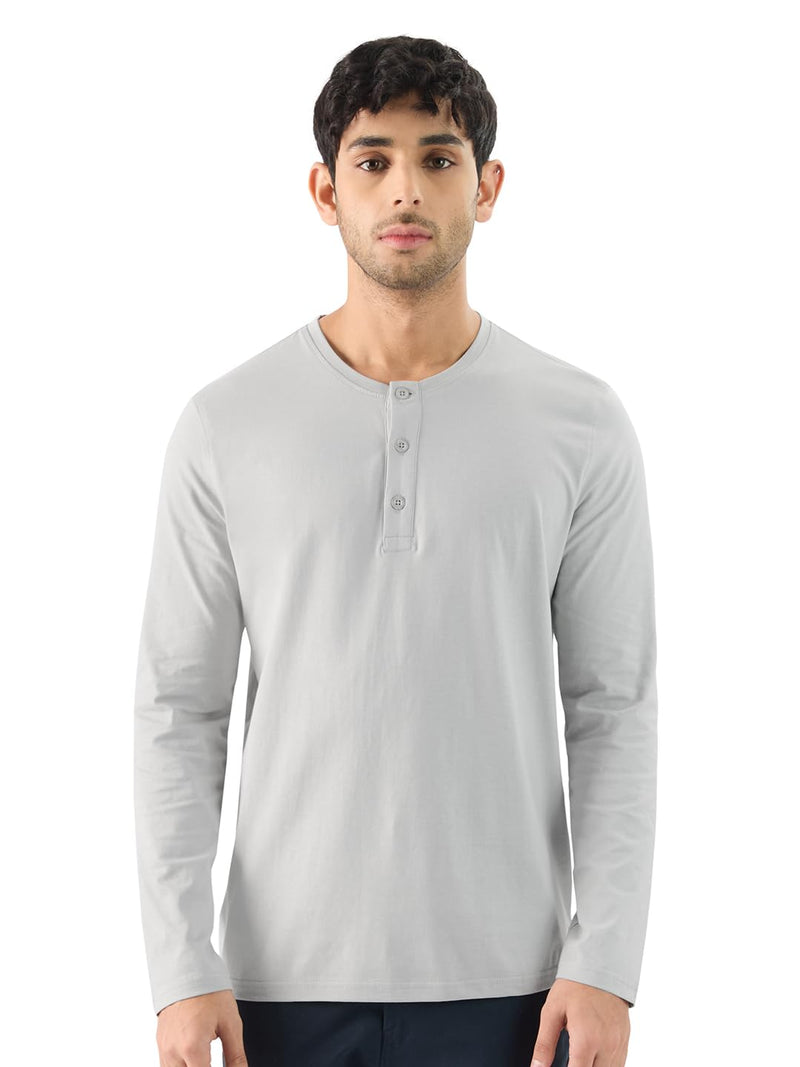 The Souled Store Solids: Light Grey Men and Boys Long Sleeve Regular Fit Cotton Henley T-Shirts