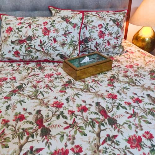 COTTON CASTLE Anokhi Quilted Bedcover Reversible Bedsheet with Pillow Cover Floral Design Suitable Bedsheet for Double Bed Sze: King Size (Size-100×108") (Ivory with Red)