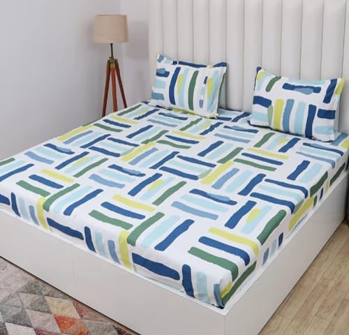 FLOATING DREAMS Fitted Bedsheet Premium Cotton 220 TC Double Elastic Flat Bedsheet with 2 Pillow Case