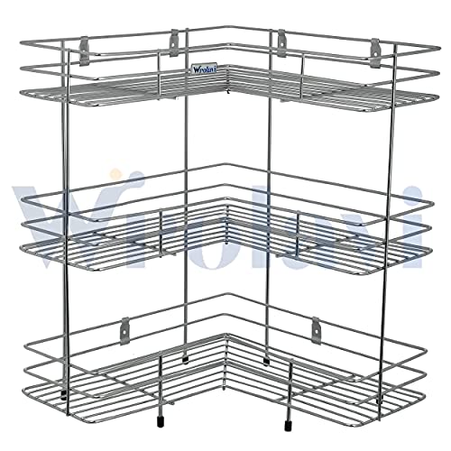 ZINBELL L Corner Shape Stand Triple Layer 3-Tier Stainless Steel Multipurpose Storage Rack/Shelf Rack for Dish Kitchen & Bathroom Polished Steel Finish (Silver, Corner Shelf)