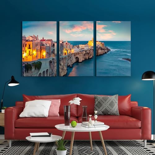 GADGETS WRAP Canvas Gallery Wrap Framed for Home Office Studio Living Room Decoration (3Part, 14x27inch Each) - Coastal Vieste Town & Cloudy Sky