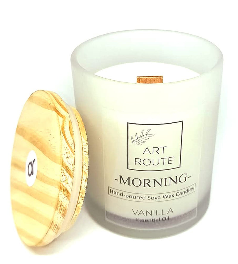 Art Route Crackling Wood Wick Aromatherapy Candle Hand Poured with Organic Soy Wax and Vanilla Essential Oil in Frosted Glass Jar (Burning time up to 38 hrs)