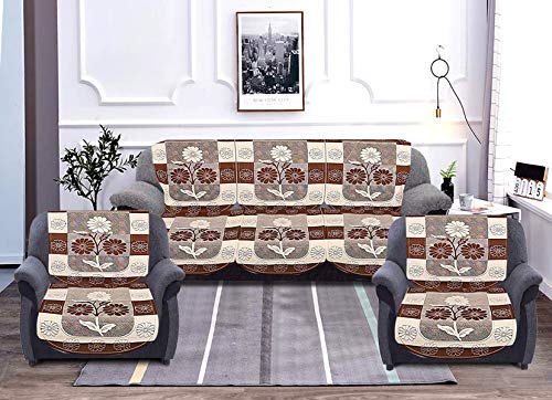 Kuber Industries Floral Print Cotton 5 Seater Slip Cover/Sofa Cover|Sofa Cover 3 Seater and 2 Seater|Pack of 6 (Brown)