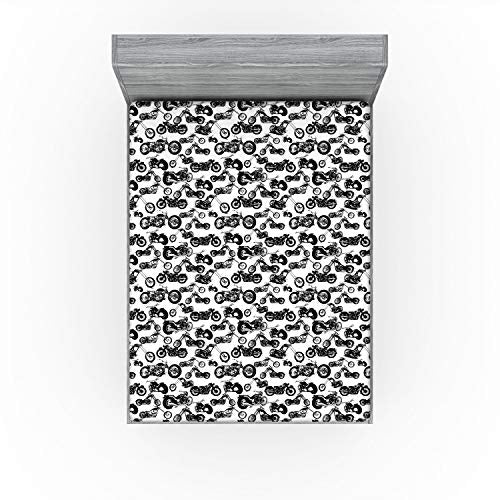 Ambesonne Motorcycle Fitted Sheet, Retro Chopper Pattern Monochrome Motorbike Design Adventure Cruising Theme, Bed Cover with All-Round Elastic Deep Pocket for Comfort, King Size, Charcoal Black