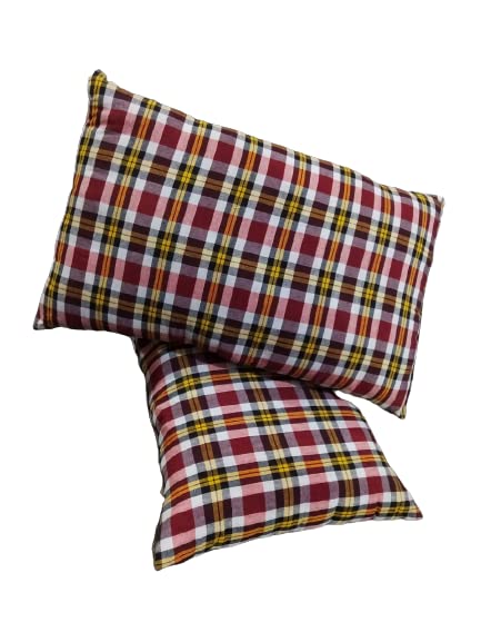 JY Medium Hard Cotton Ultra Soft Cotton Check Bed Pillow Sets (Set of 2, 2P Mhroon Check), Multicolor